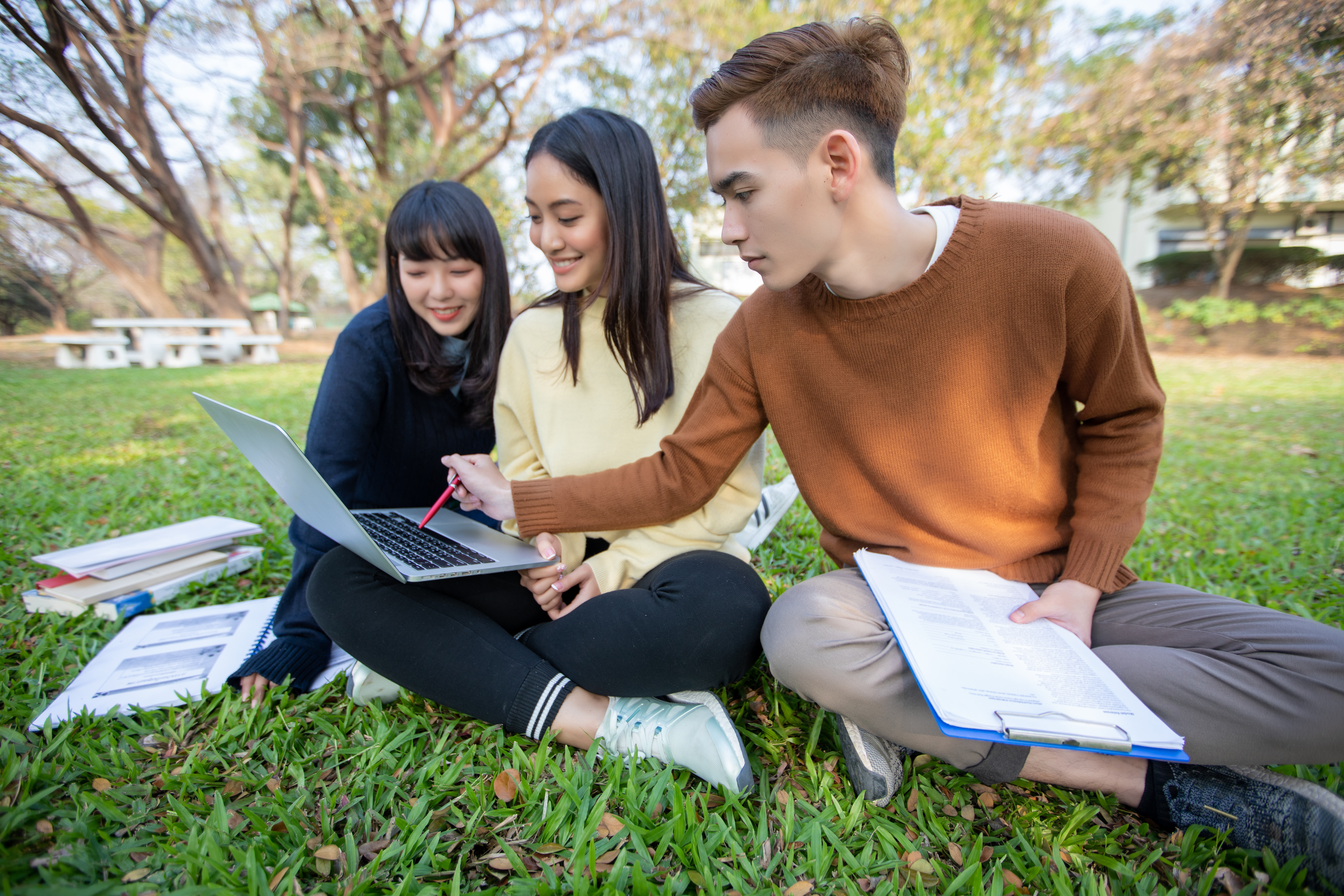 Studenci UJ uczący się wspólnie na trawie w parku